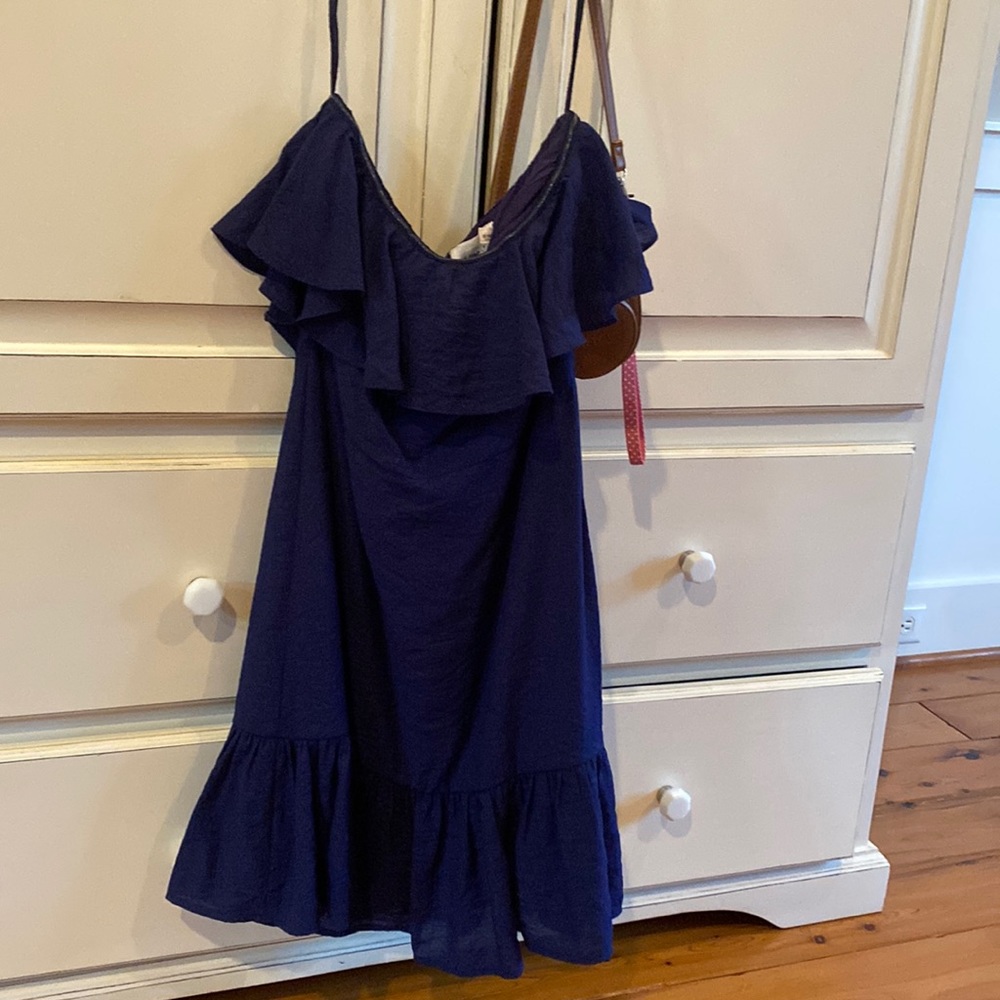 Line & dot blue off the shoulder dress